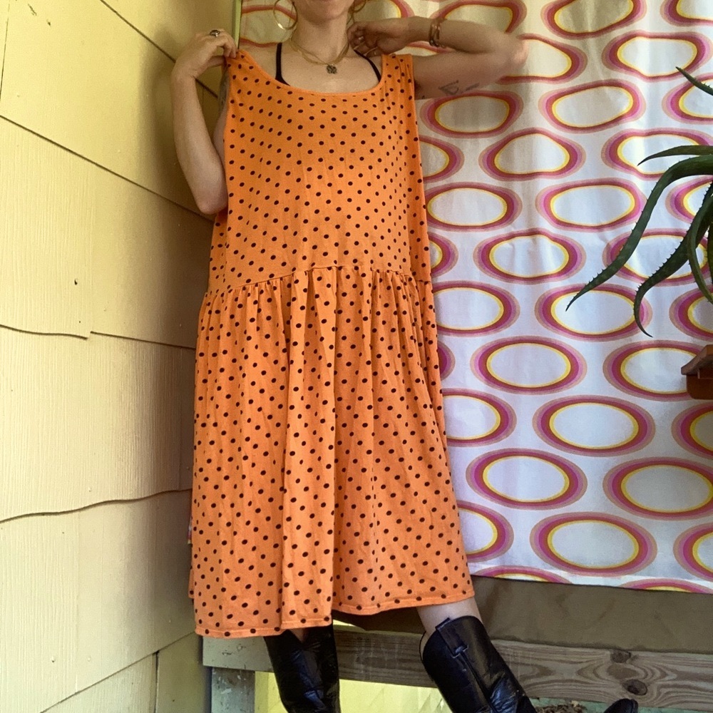 90s Vintage Cotton Jersey Polka Dot Babydoll Dress